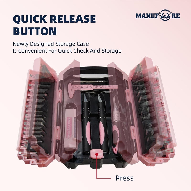 MANUFORE 34pcs Large Exacto Knife Set Pink Deluxe Craft Precision Knife Set Include 3pcs Craft Knives with Anti-Slip Rubber Grip, 25pcs Different Blades, 2pcs Needles, Sharpening Stone, Screwdriver - Image 4